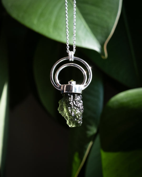 Raw Moldavite &amp; Peridot Moon Bail Sterling Silver Necklace
