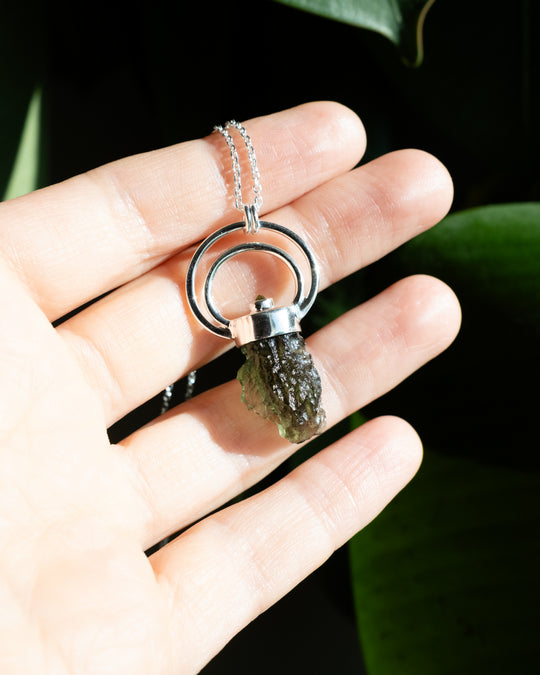 Raw Moldavite &amp; Peridot Moon Bail Sterling Silver Necklace