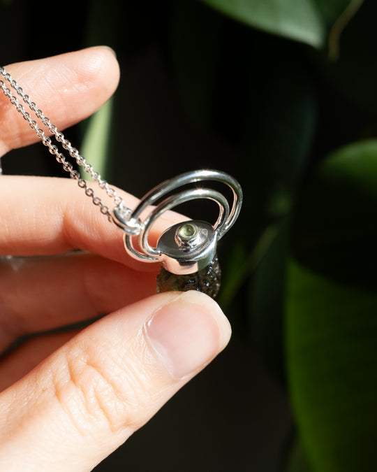 Raw Moldavite &amp; Peridot Moon Bail Sterling Silver Necklace