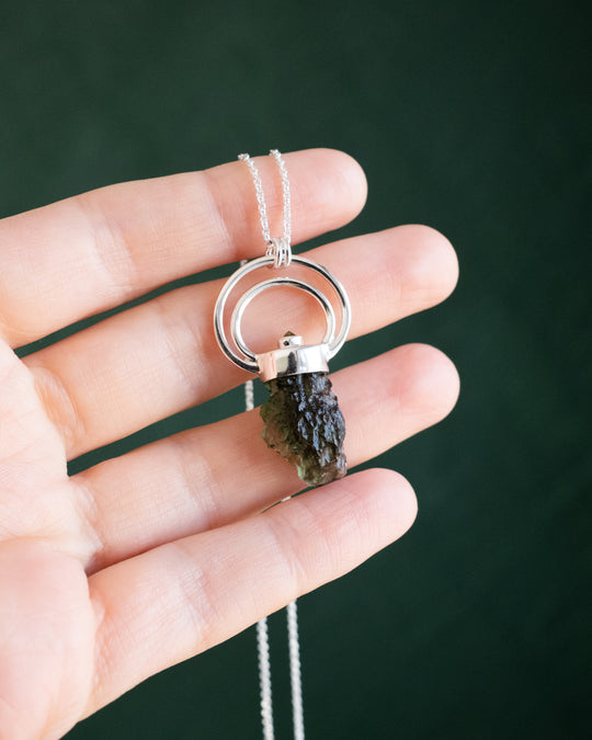 Raw Moldavite &amp; Peridot Moon Bail Sterling Silver Necklace