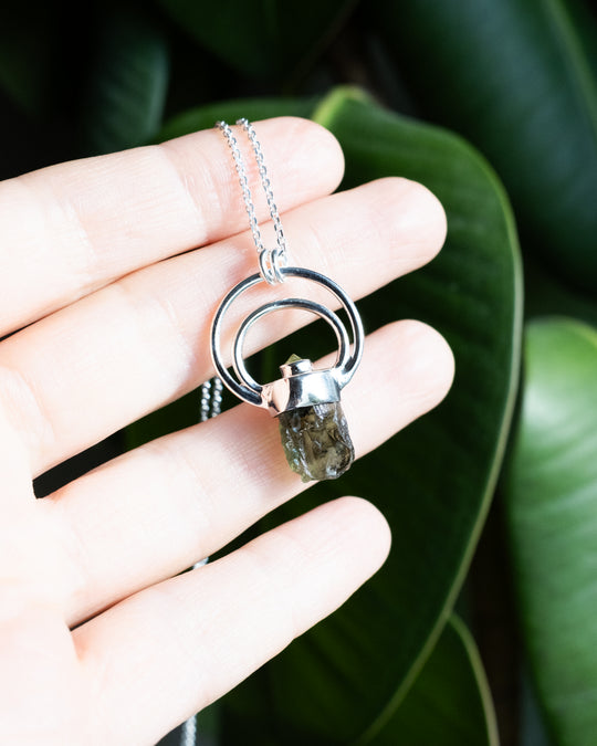 Raw Moldavite &amp; Peridot Moon Bail Sterling Silver Necklace