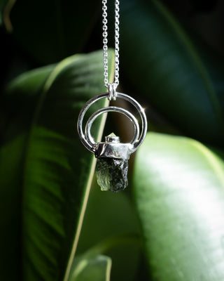 Raw Moldavite & Peridot Moon Bail Sterling Silver Necklace
