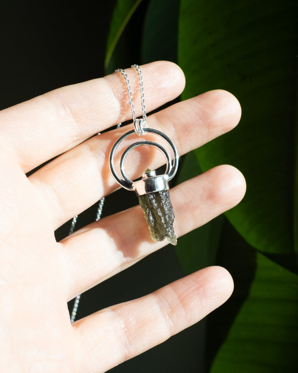Raw Moldavite & Peridot Moon Bail Sterling Silver Necklace