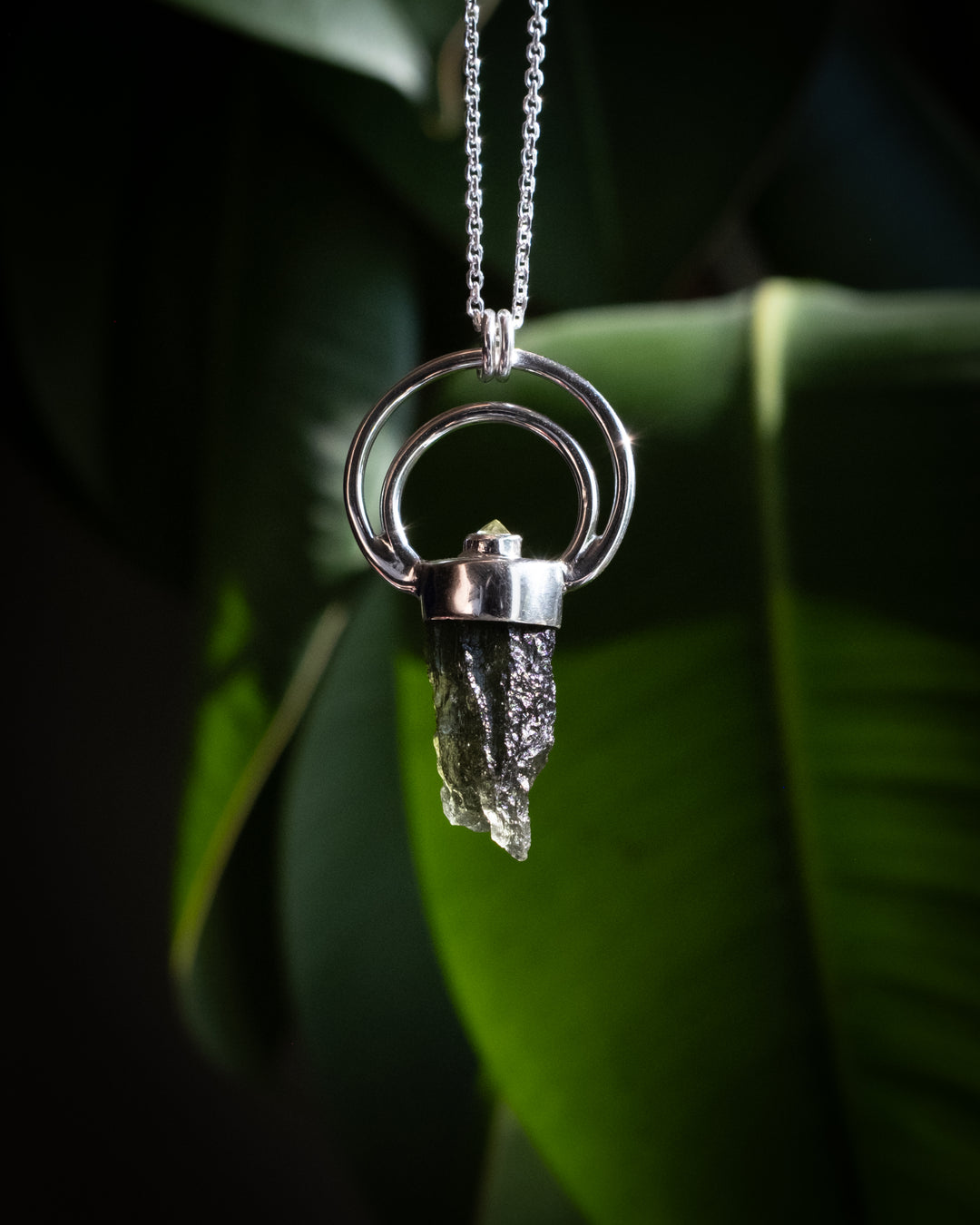 Raw Moldavite &amp; Peridot Moon Bail Sterling Silver Necklace