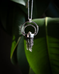 Raw Moldavite & Peridot Moon Bail Sterling Silver Necklace