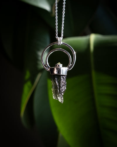 Raw Moldavite & Peridot Moon Bail Sterling Silver Necklace