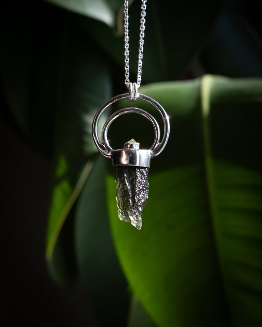 Raw Moldavite &amp; Peridot Moon Bail Sterling Silver Necklace