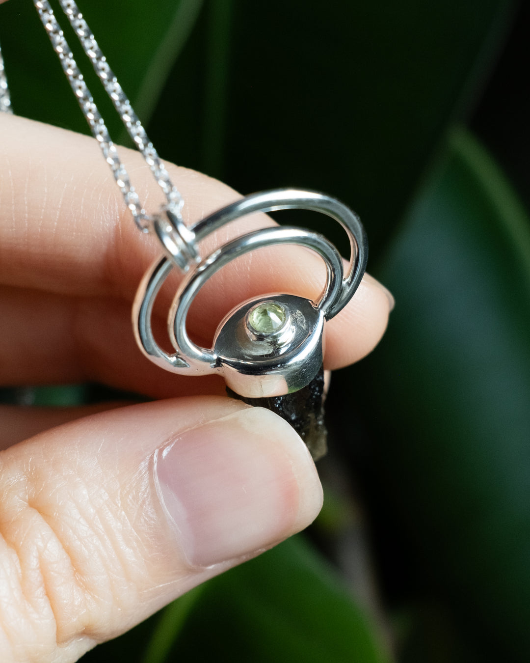 Raw Moldavite &amp; Peridot Moon Bail Sterling Silver Necklace