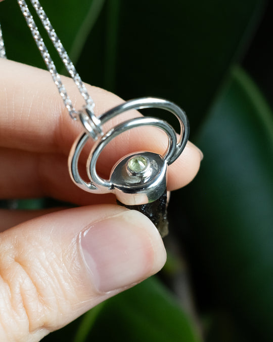 Raw Moldavite &amp; Peridot Moon Bail Sterling Silver Necklace
