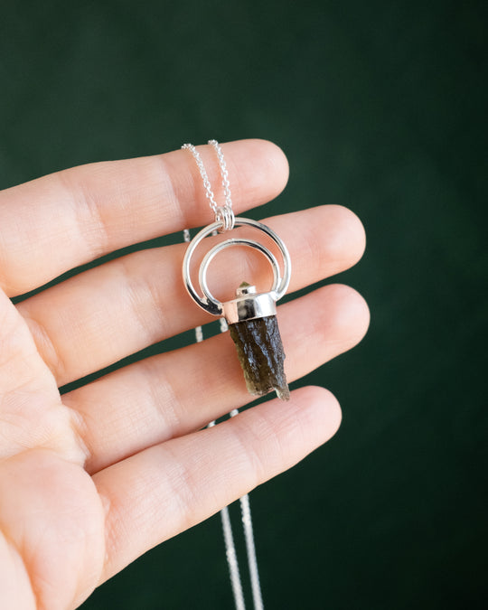 Raw Moldavite &amp; Peridot Moon Bail Sterling Silver Necklace