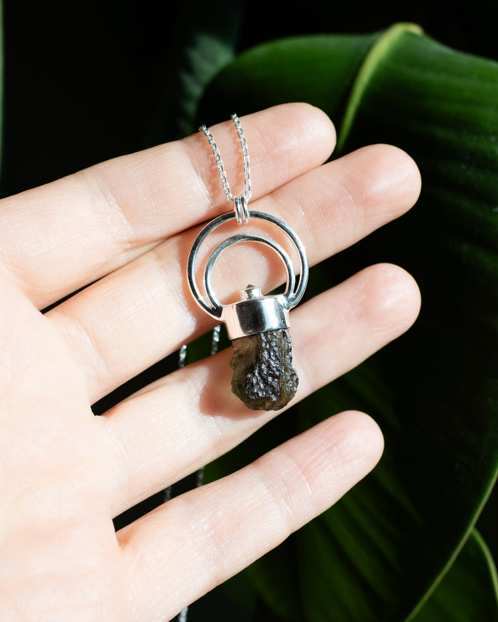 Raw Moldavite & Peridot Moon Bail Sterling Silver Necklace
