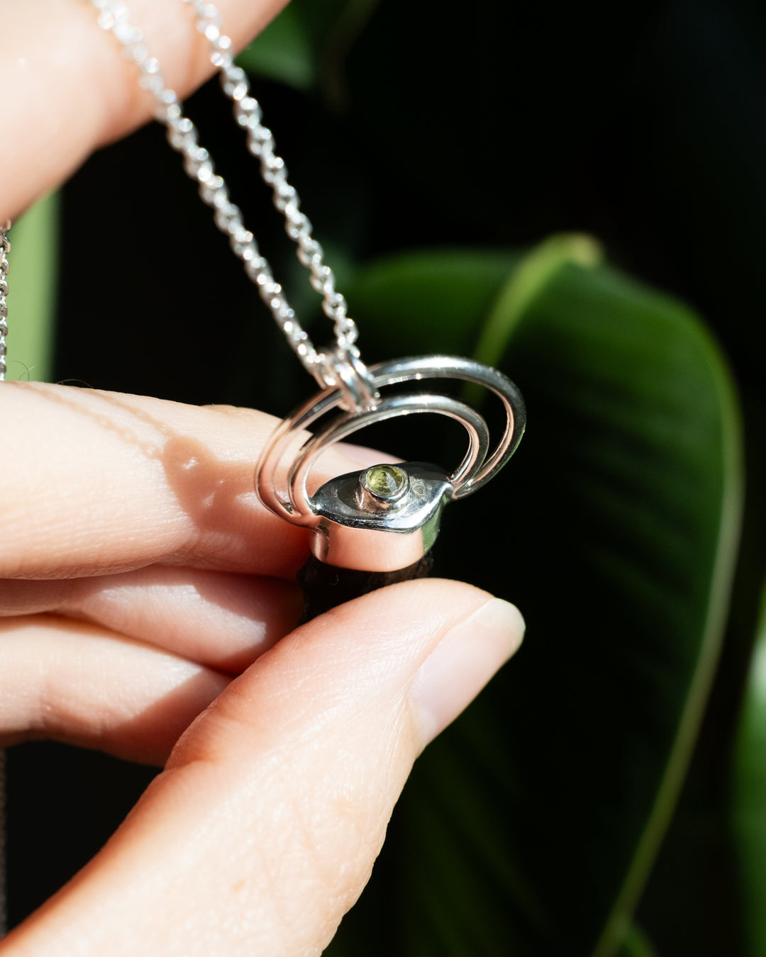 Raw Moldavite &amp; Peridot Moon Bail Sterling Silver Necklace