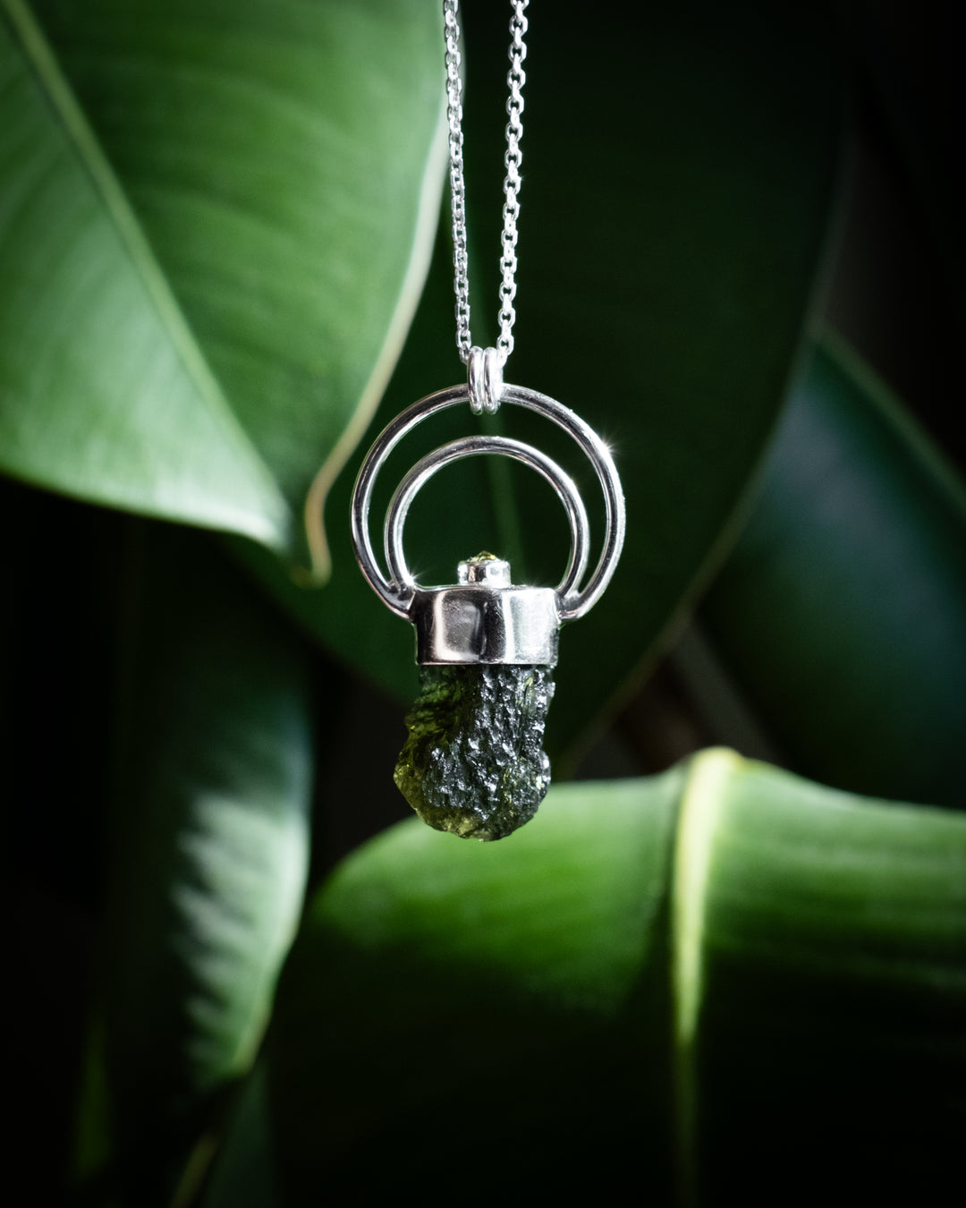 Raw Moldavite &amp; Peridot Moon Bail Sterling Silver Necklace