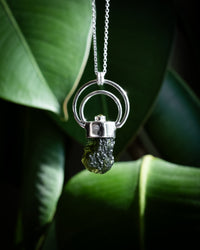Raw Moldavite & Peridot Moon Bail Sterling Silver Necklace