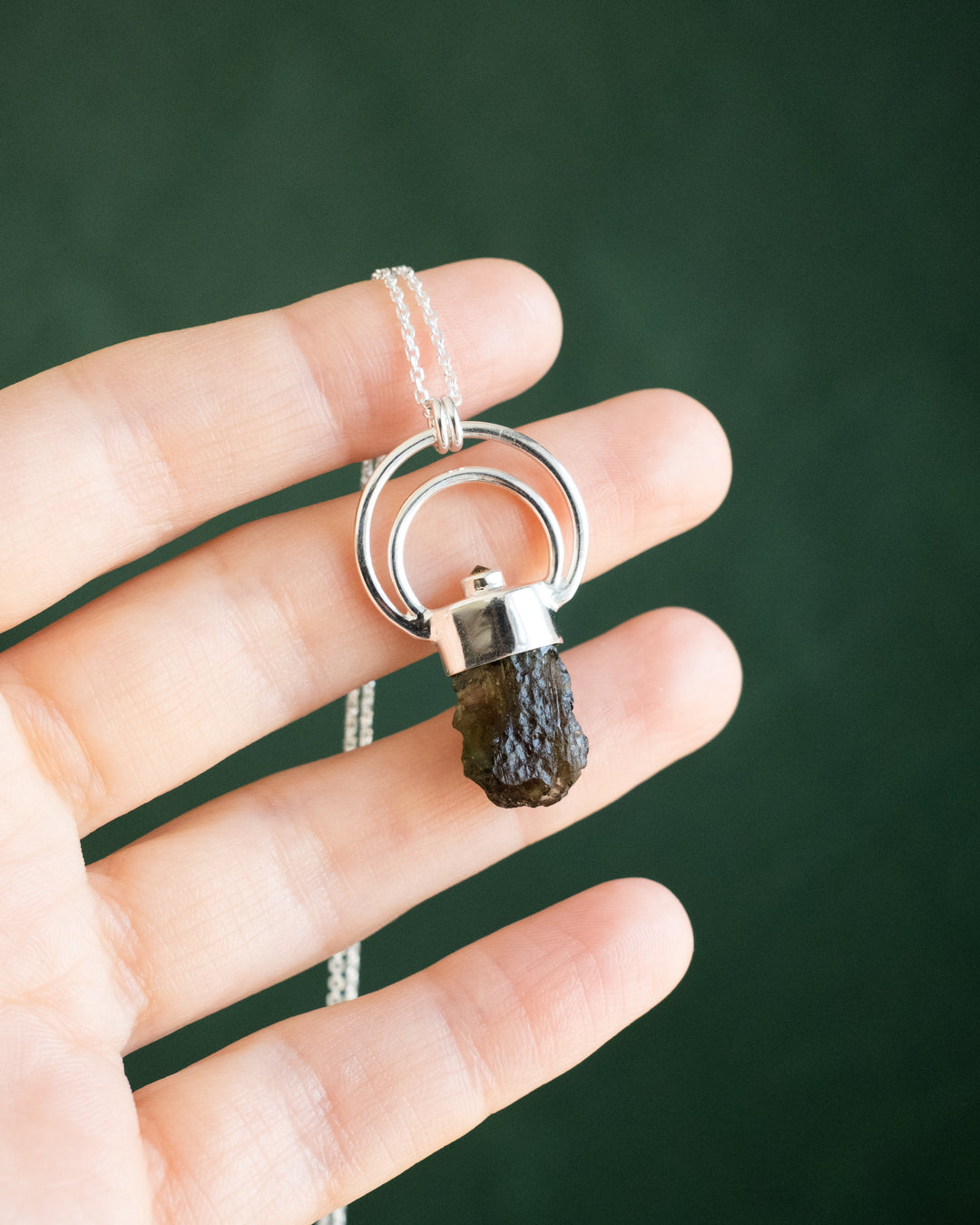 Raw Moldavite &amp; Peridot Moon Bail Sterling Silver Necklace