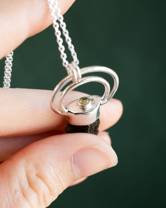 Raw Moldavite &amp; Peridot Moon Bail Sterling Silver Necklace