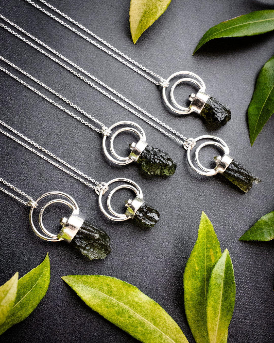 Raw Moldavite &amp; Peridot Moon Bail Sterling Silver Necklace