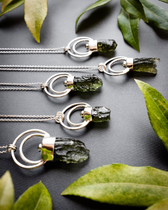 Raw Moldavite &amp; Peridot Moon Bail Sterling Silver Necklace