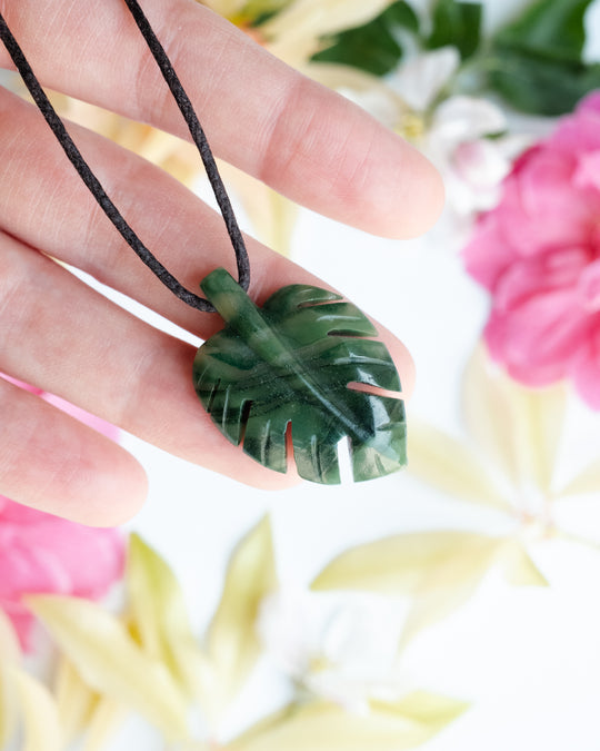 African Jade Hand Carved Monstera Leaf / Cheese Plant Necklace - The Healing Pear