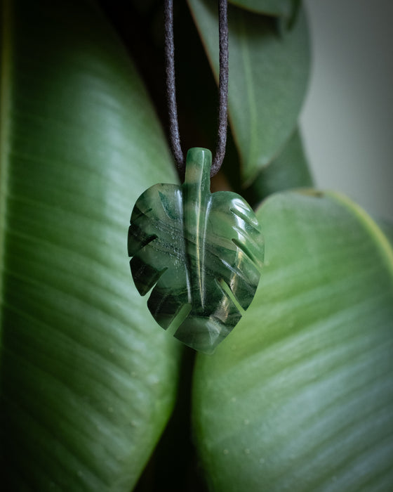 African Jade Hand Carved Monstera Leaf / Cheese Plant Necklace