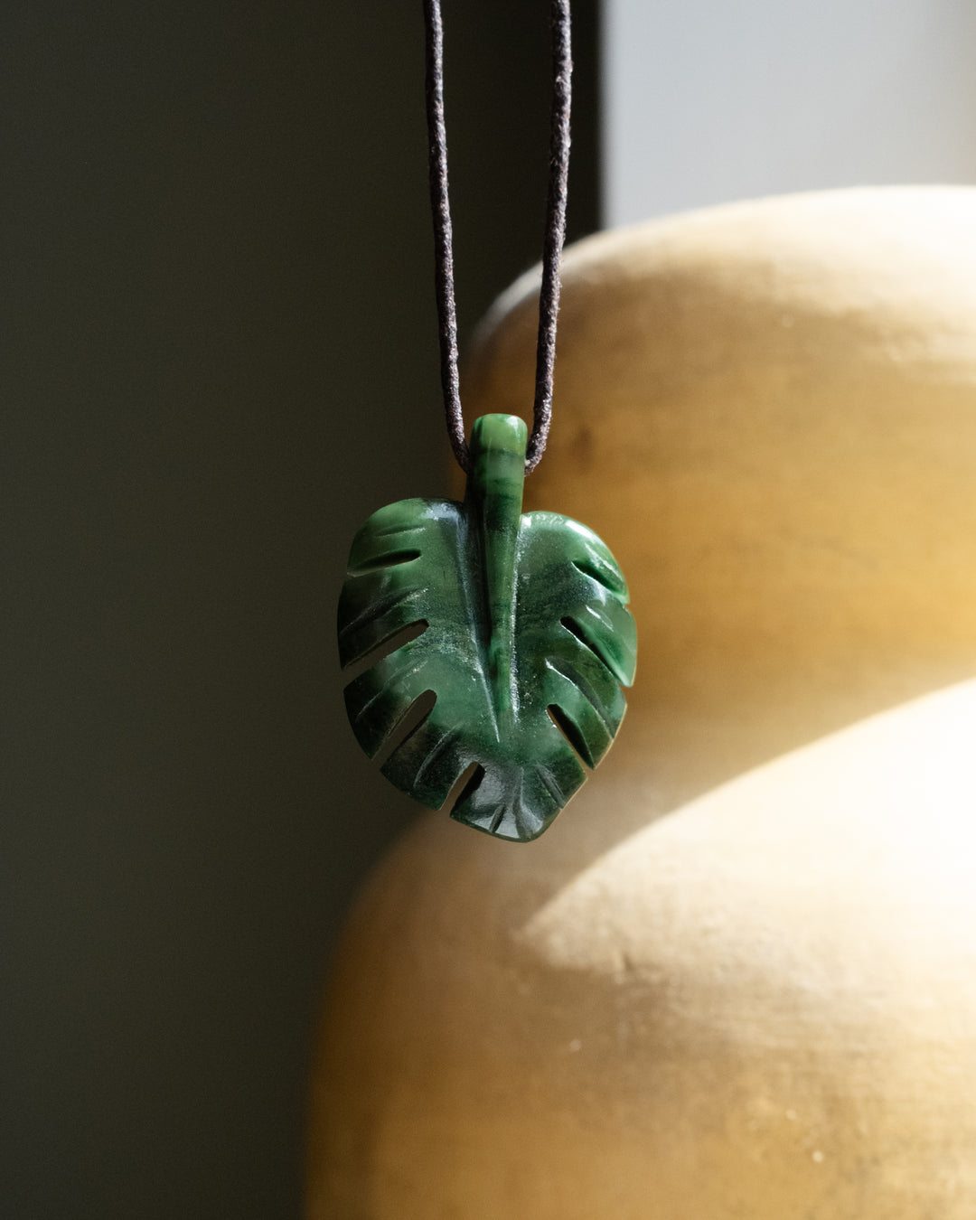 African Jade Hand Carved Monstera Leaf / Cheese Plant Necklace - The Healing Pear