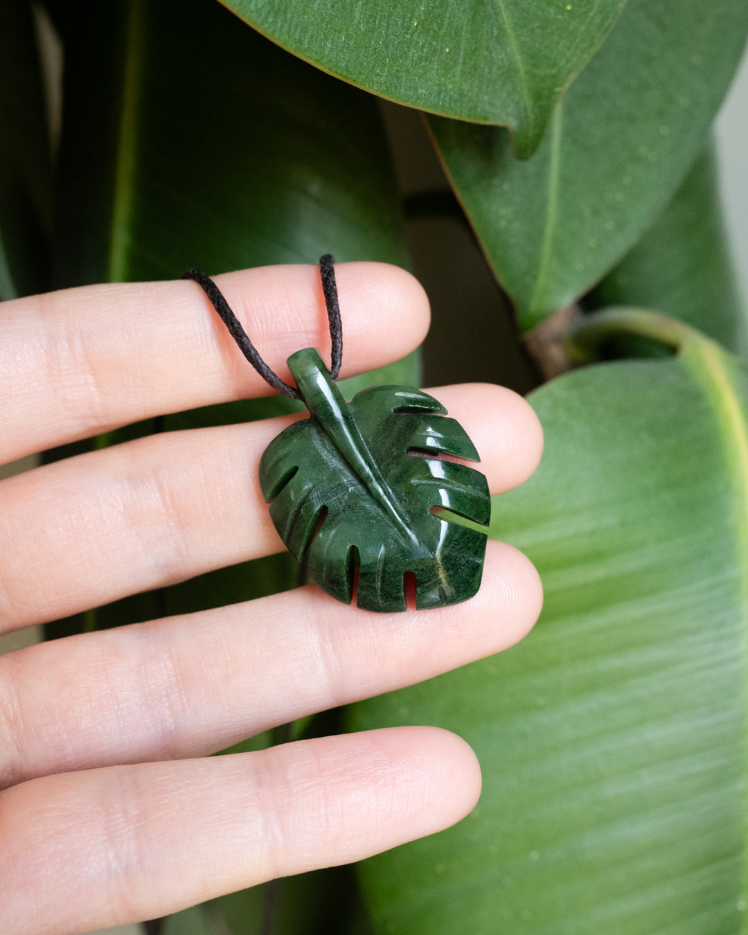 African Jade Hand Carved Monstera Leaf / Cheese Plant Necklace - The Healing Pear