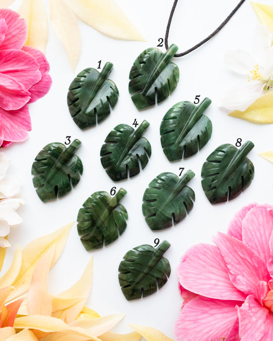 African Jade Hand Carved Monstera Leaf / Cheese Plant Necklace - The Healing Pear