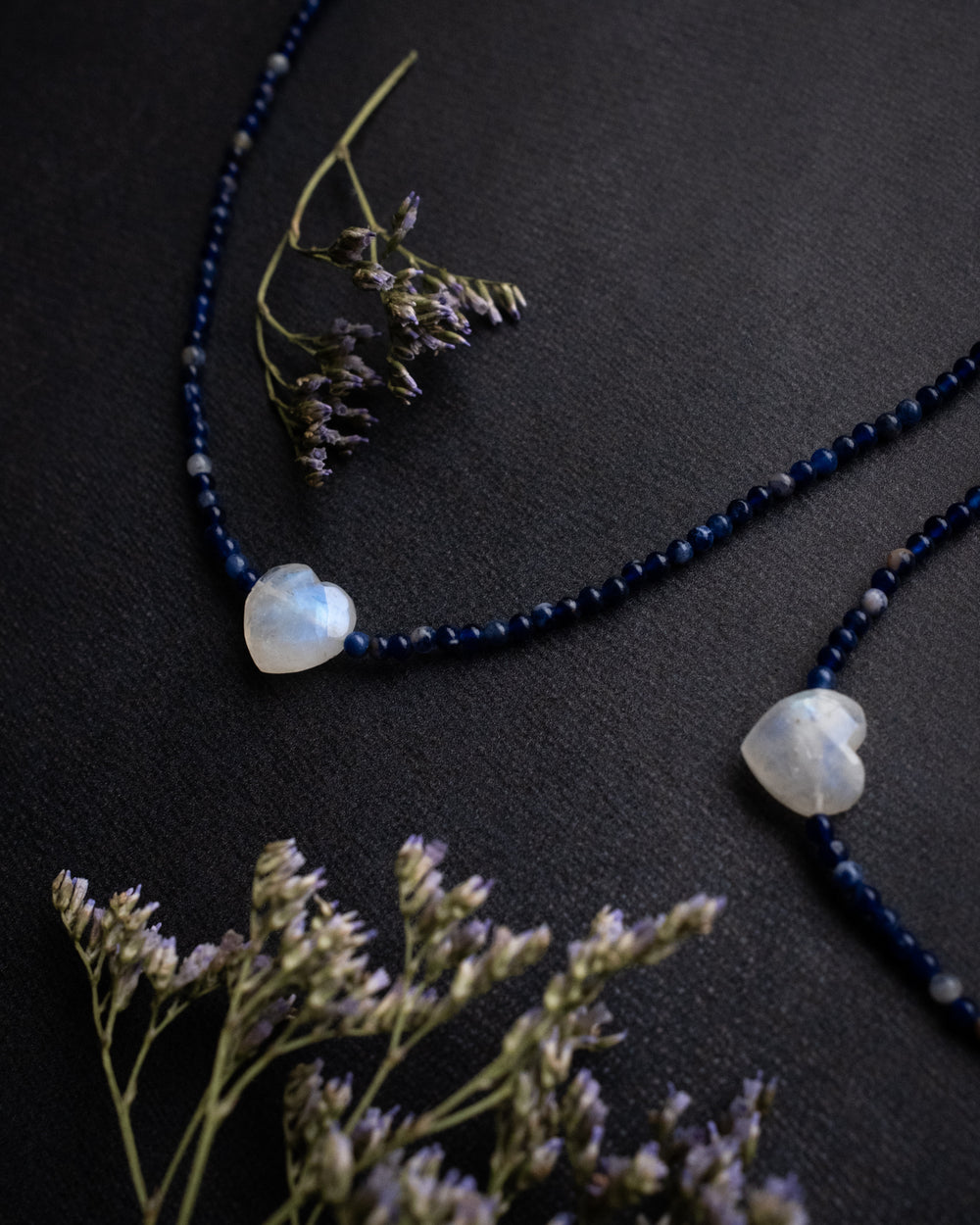 Rainbow Moonstone Heart & Sodalite Beaded Necklace