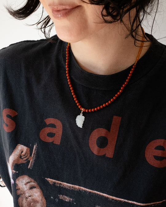White Moonstone Leaf, Red Jasper &amp; Baltic Amber Recycled 9ct Gold Beaded Necklace - The Healing Pear