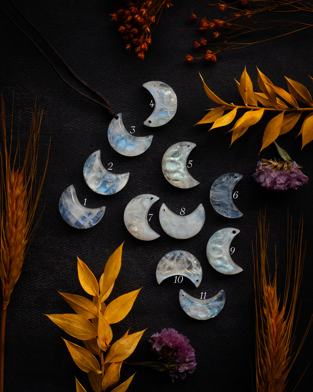 Rainbow Moonstone Hand Carved Lotus Moon Necklace