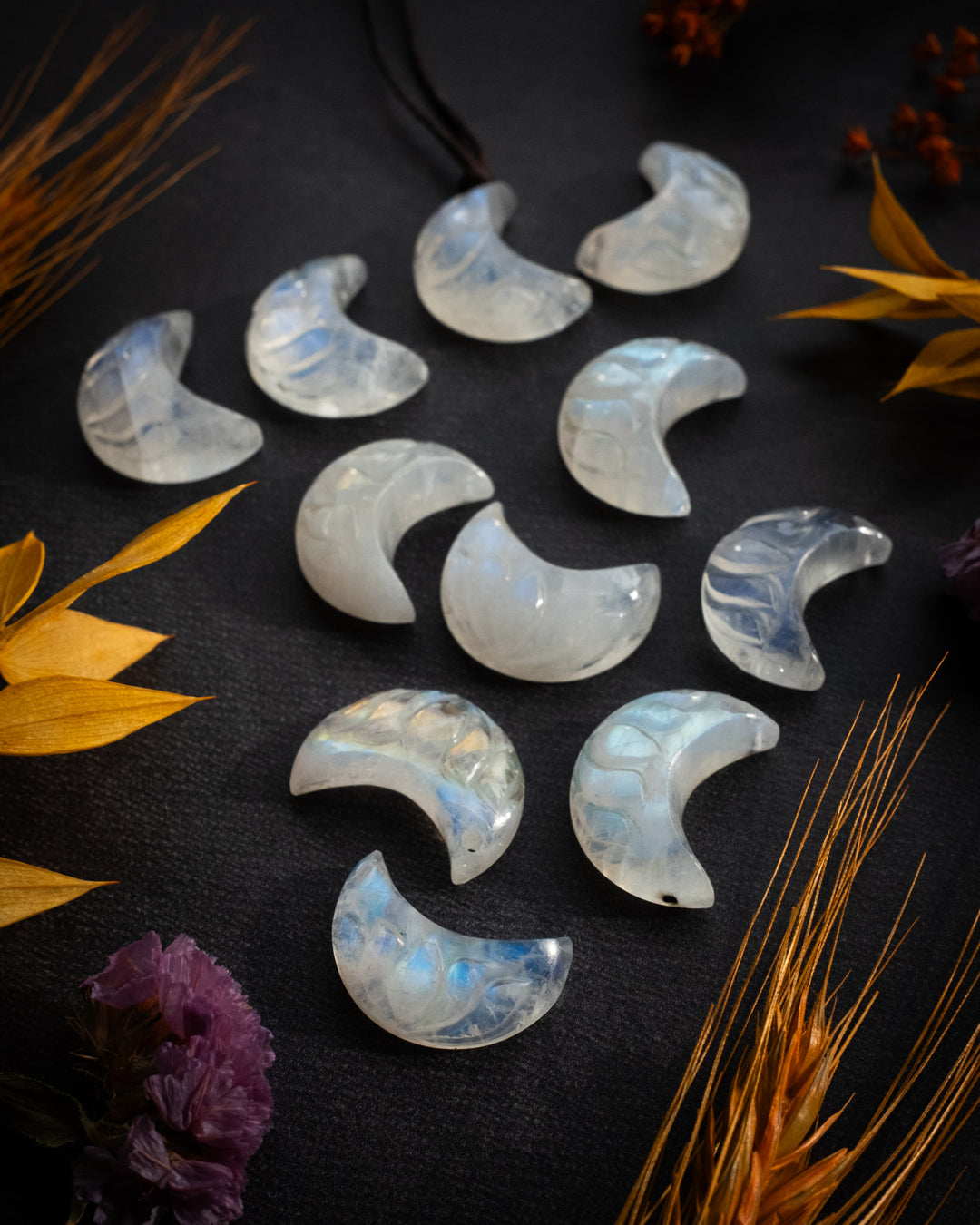 Rainbow Moonstone Hand Carved Lotus Moon Necklace