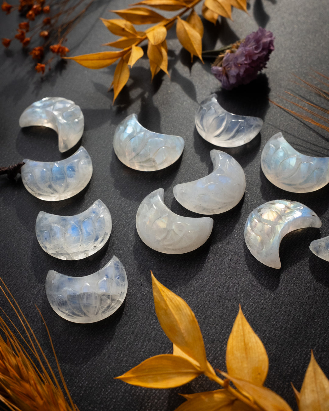 Rainbow Moonstone Hand Carved Lotus Moon Necklace