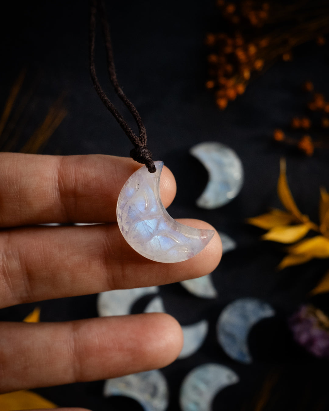 Rainbow Moonstone Hand Carved Lotus Moon Necklace