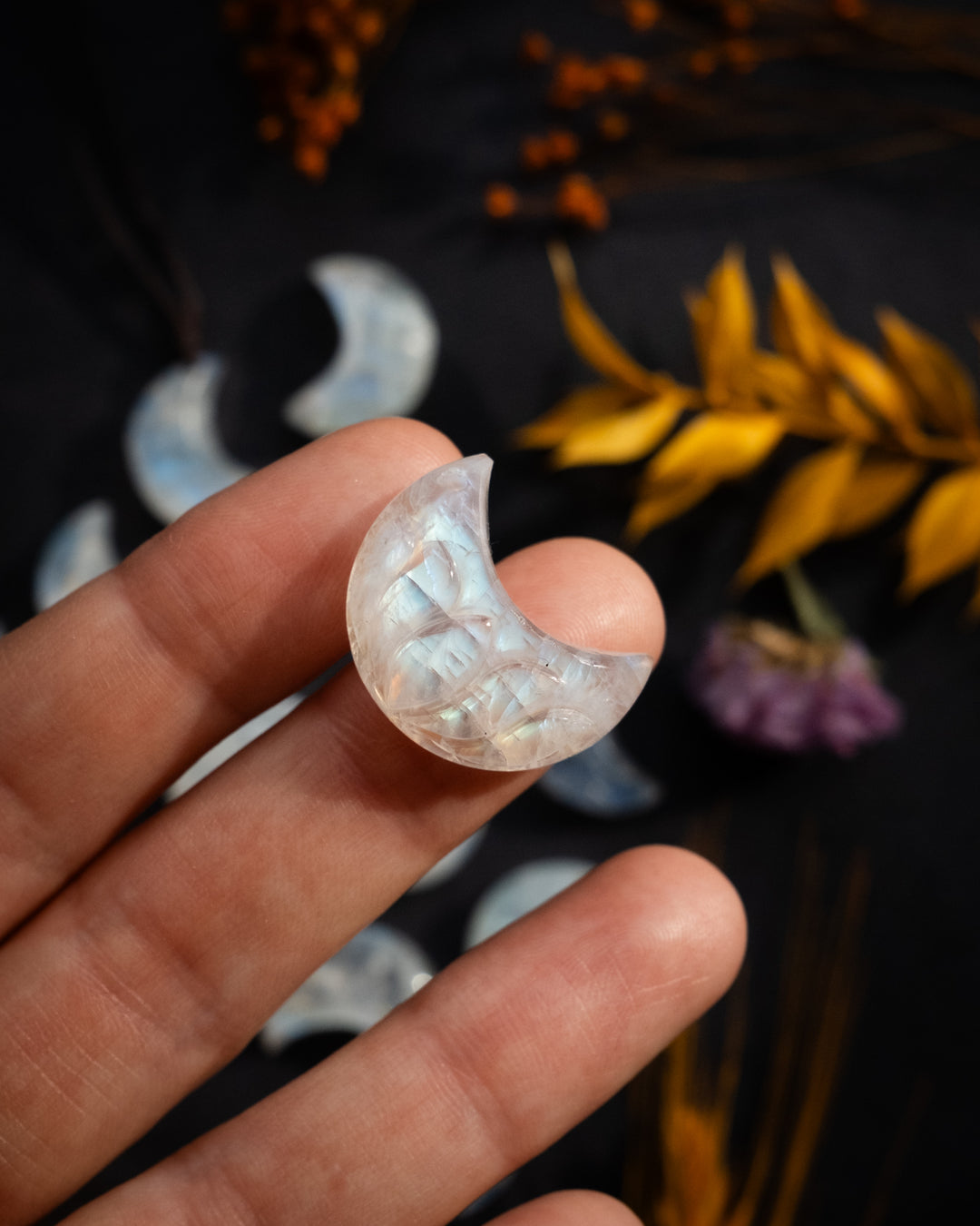 Rainbow Moonstone Hand Carved Lotus Moon Necklace