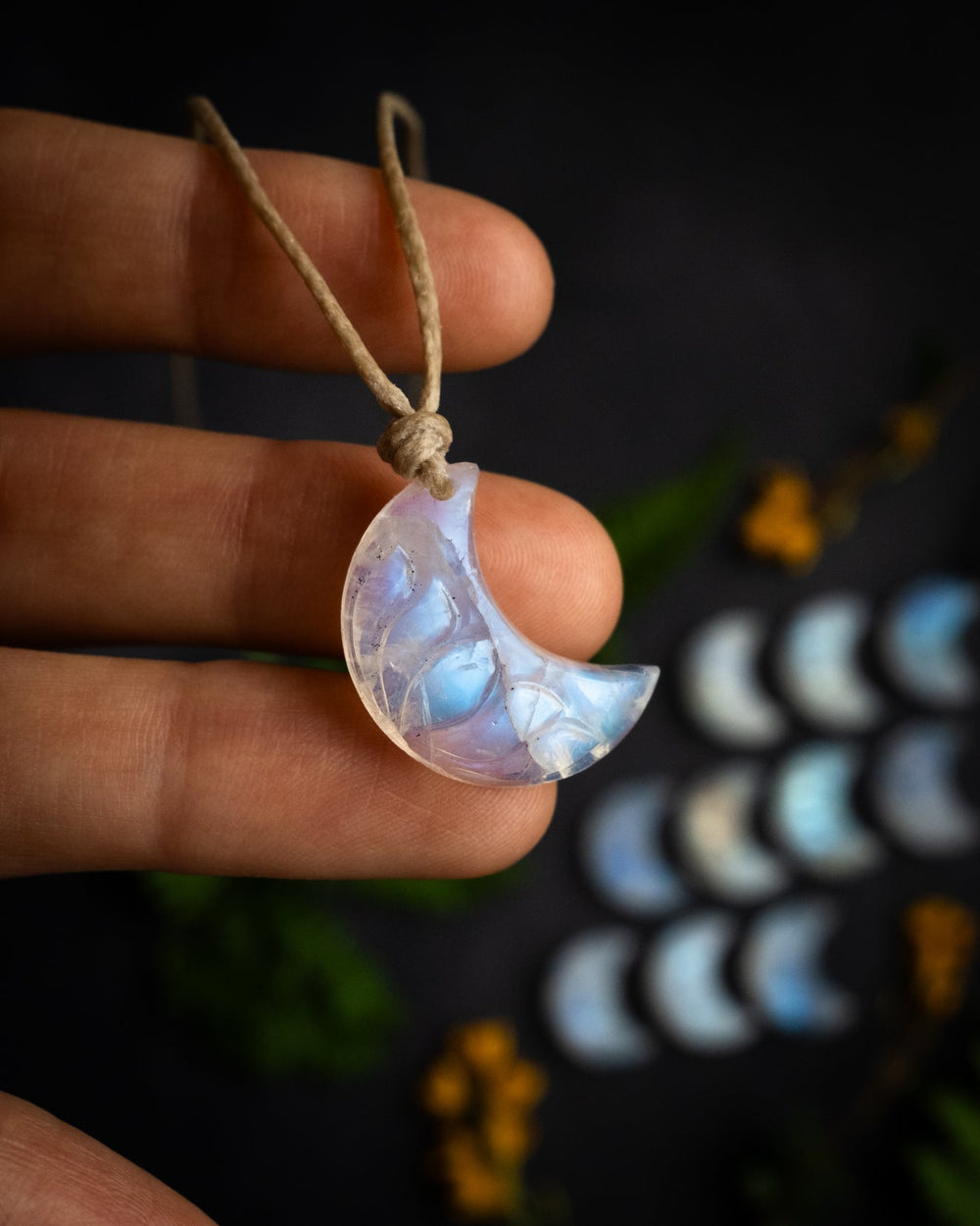 Rainbow Moonstone Hand Carved Lotus Moon Necklace - The Healing Pear