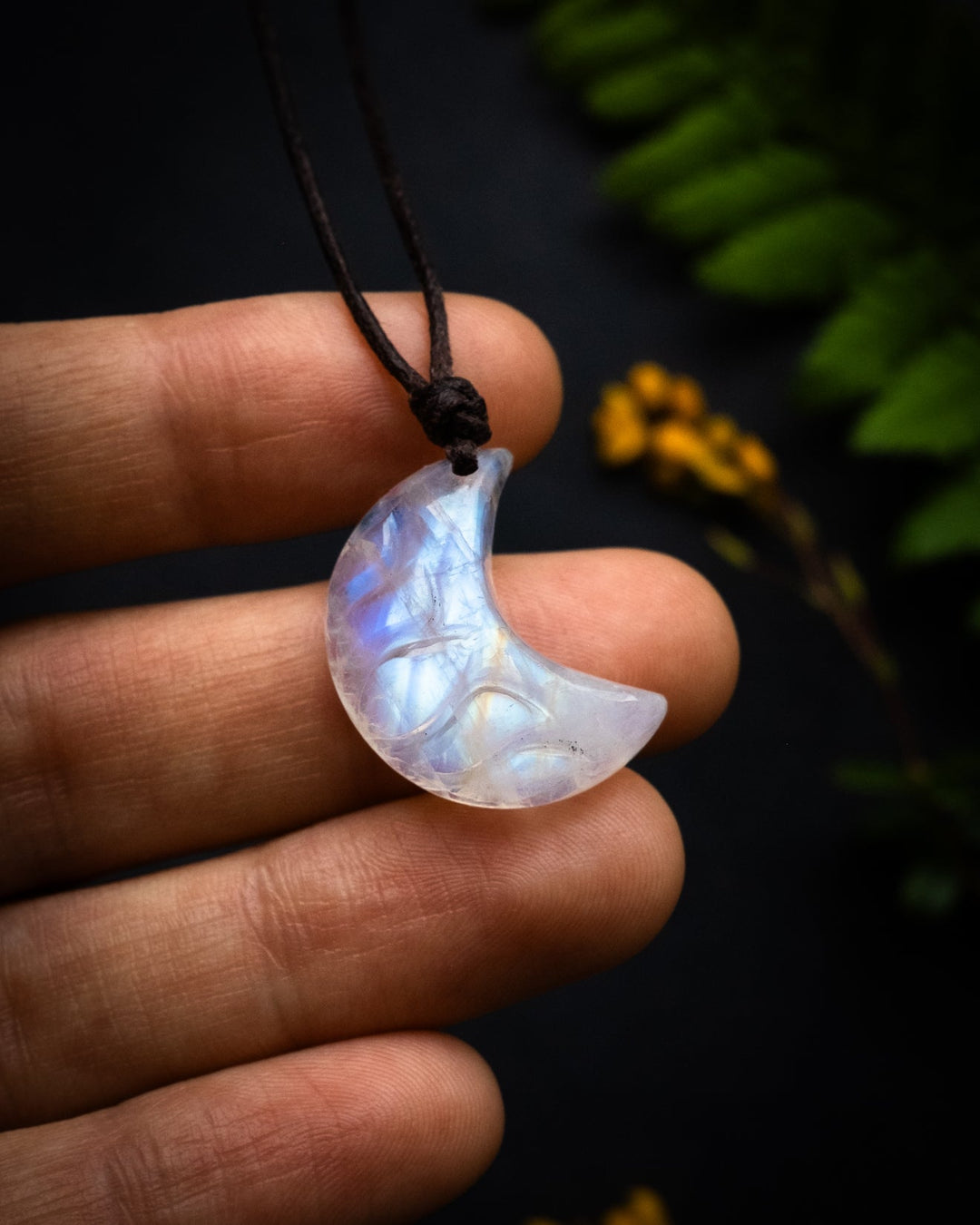 Rainbow Moonstone Hand Carved Lotus Moon Necklace - The Healing Pear