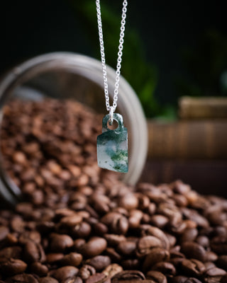 Moss Agate Hand Carved Mug Necklace