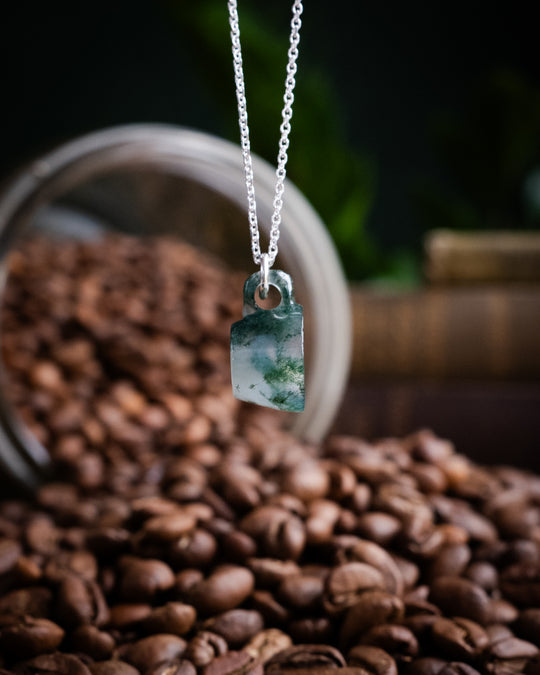 Moss Agate Hand Carved Mug Necklace