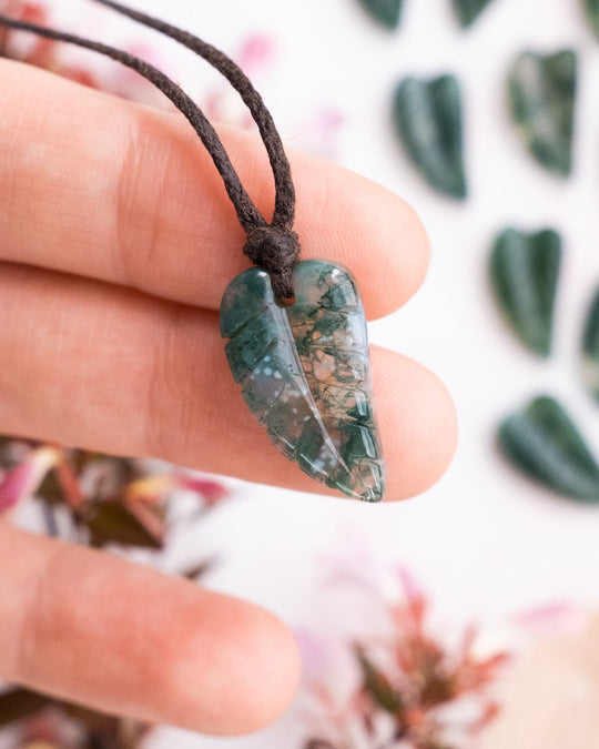 Moss Agate Hand Carved Leaf Necklace - The Healing Pear