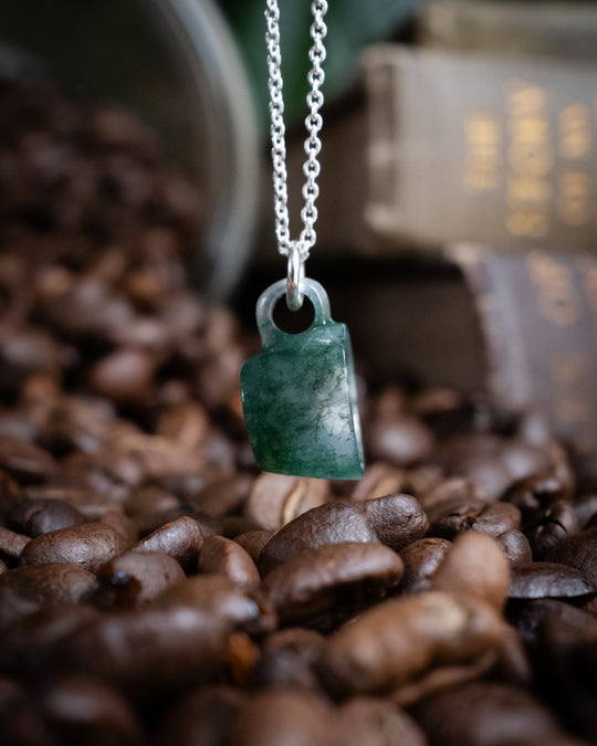 Moss Agate Hand Carved Mug Necklace