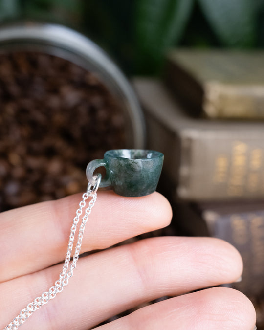 Moss Agate Hand Carved Mug Necklace