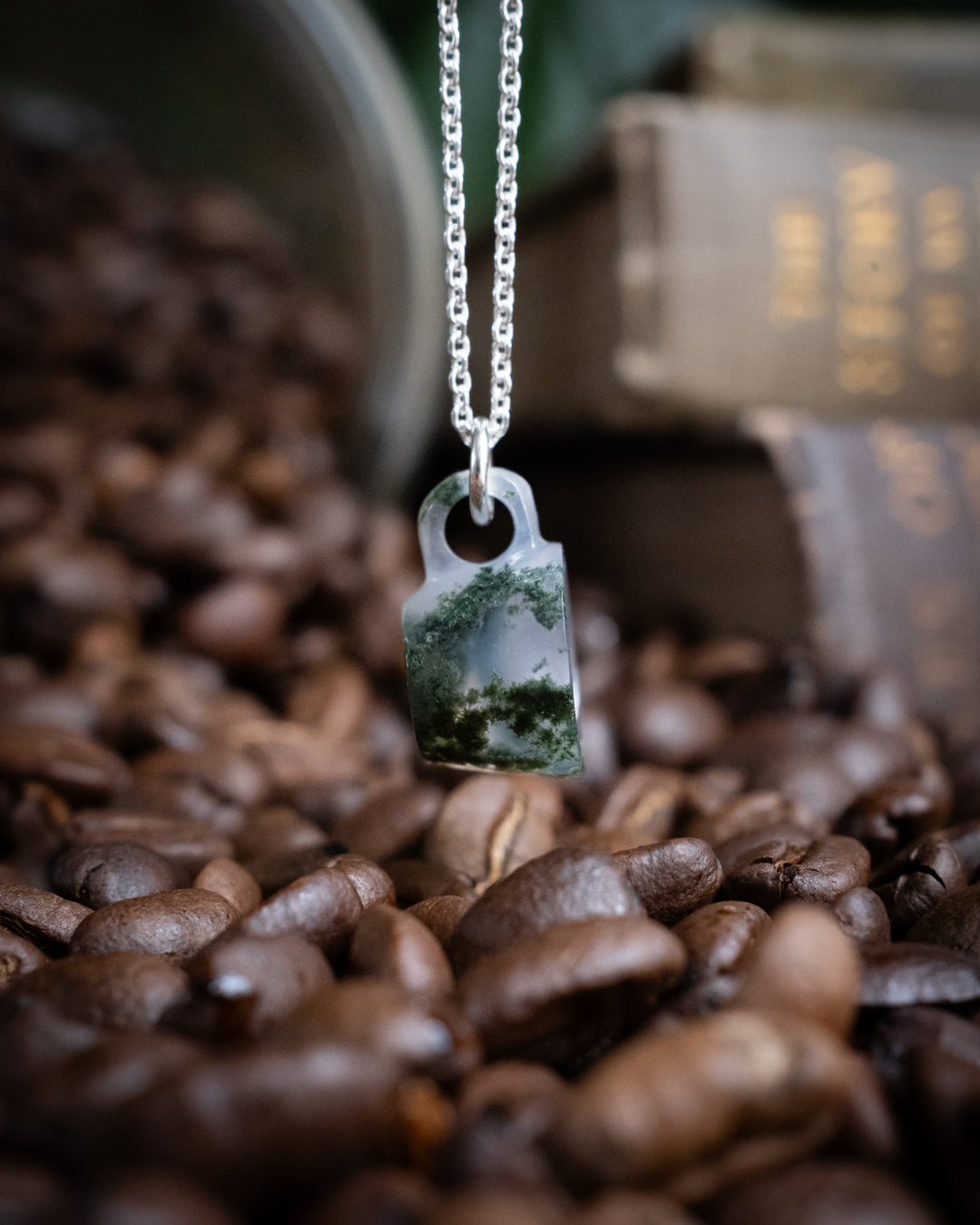 Moss Agate Hand Carved Mug Necklace
