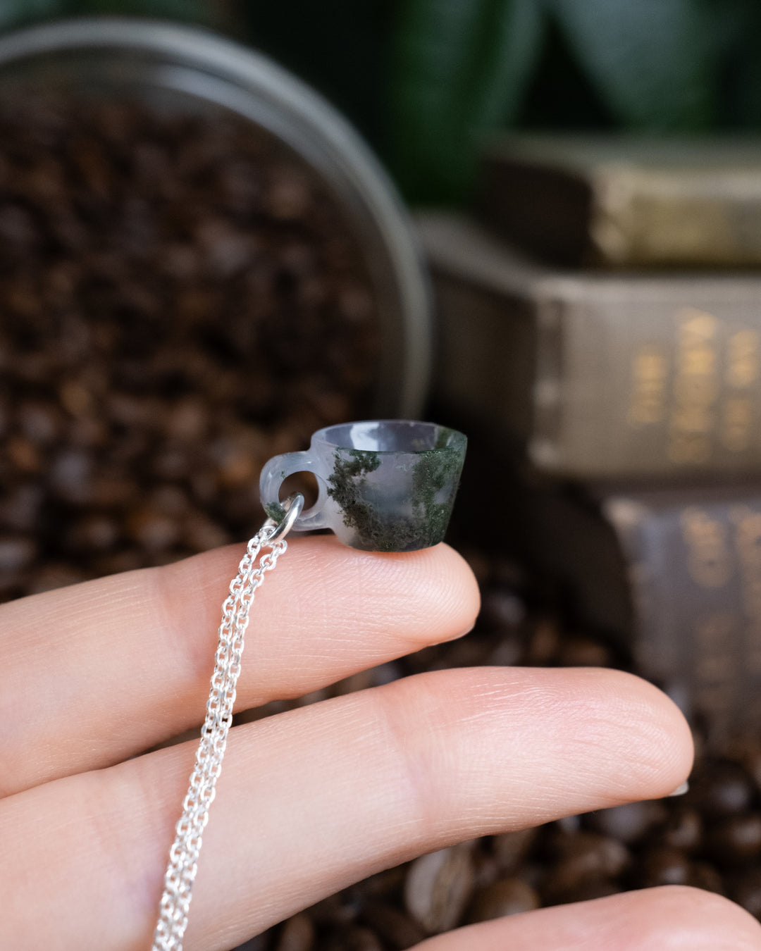Moss Agate Hand Carved Mug Necklace