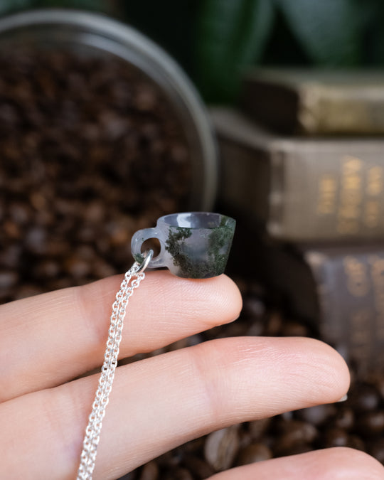 Moss Agate Hand Carved Mug Necklace