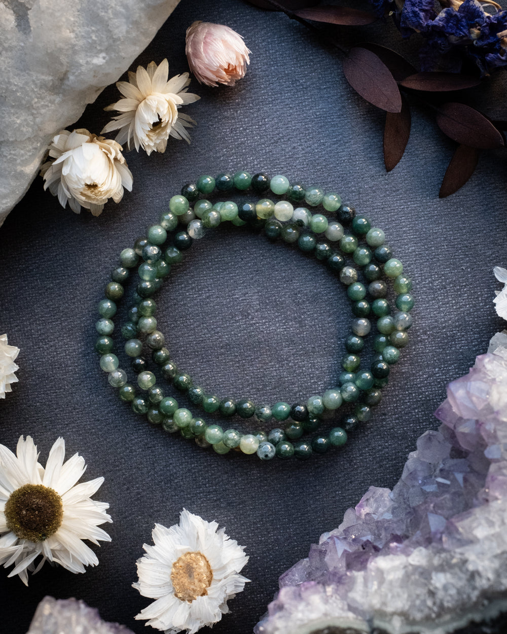 Moss Agate Round Bead Bracelet 4mm