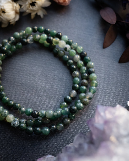Moss Agate Round Bead Bracelet 4mm