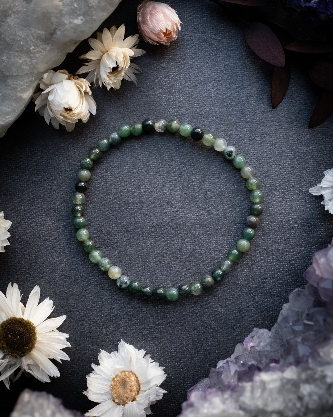 Moss Agate Round Bead Bracelet 4mm