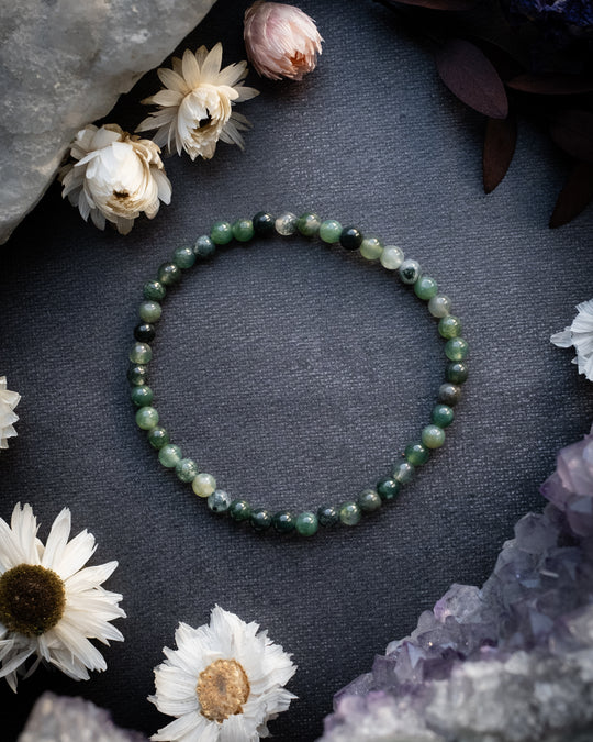 Moss Agate Round Bead Bracelet 4mm