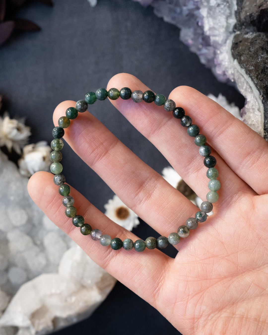 Moss Agate Round Bead Bracelet 4mm
