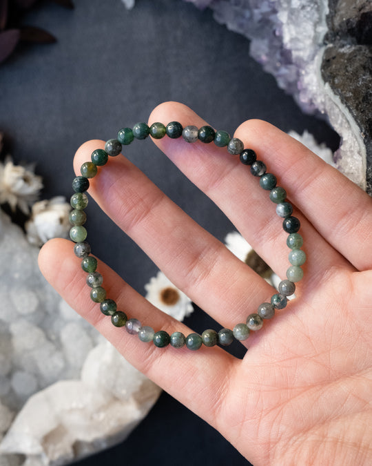 Moss Agate Round Bead Bracelet 4mm